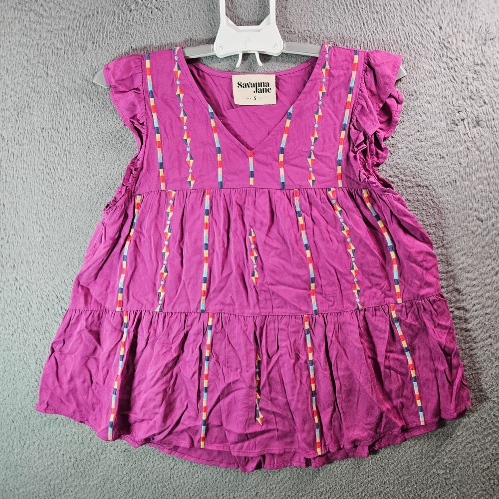 NEW Savanna Jane Boho Cottoncore Embroidered Top Women Small Geometric Purple